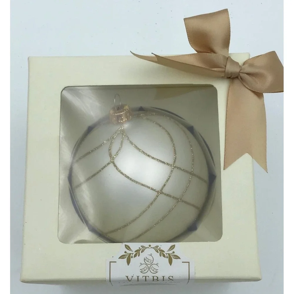 NIB Vitbis Poland Hand Blown Glass Christmas Ornament White Gold Glitter Luxe 4